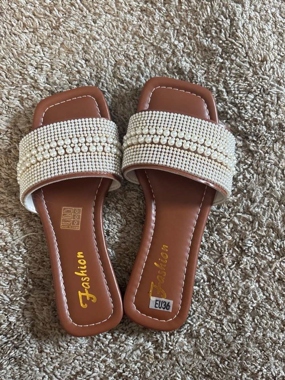 Embellished Brown Slide Sandals with Pearl Straps